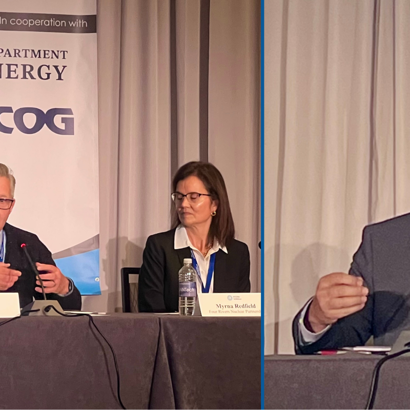 Two photos side by side of panelists sitting on stage at a conference participating in a discussion
