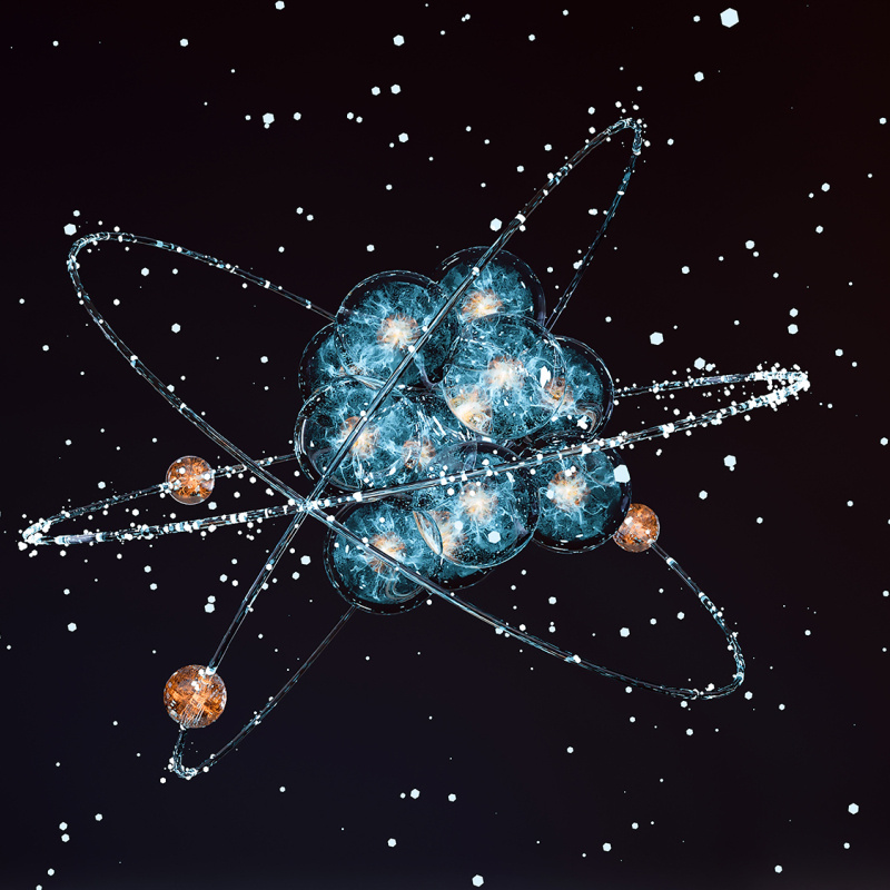 Stylized atomic model with a glowing blue nucleus and orange particles orbiting along luminous paths against a dark, star-filled background