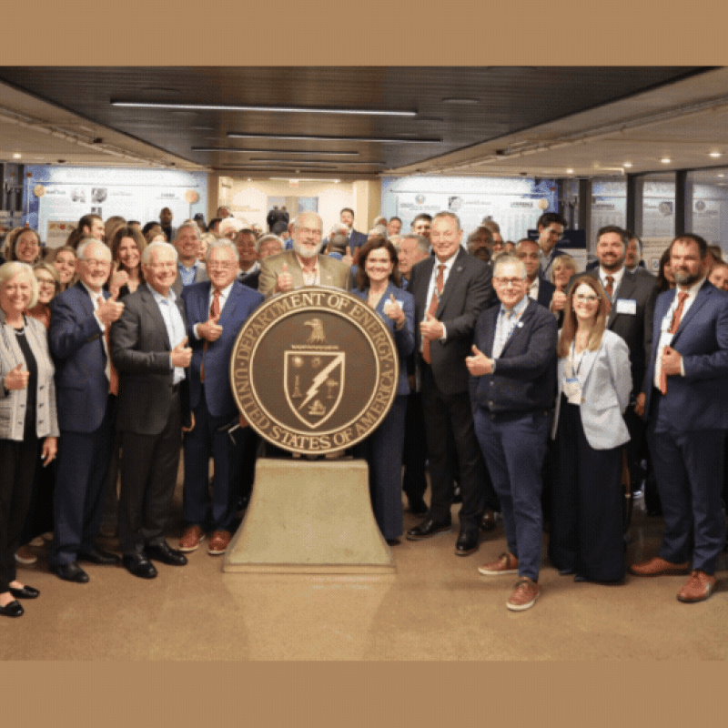 Rotating set of imaged of meetings taking place and a large group photo