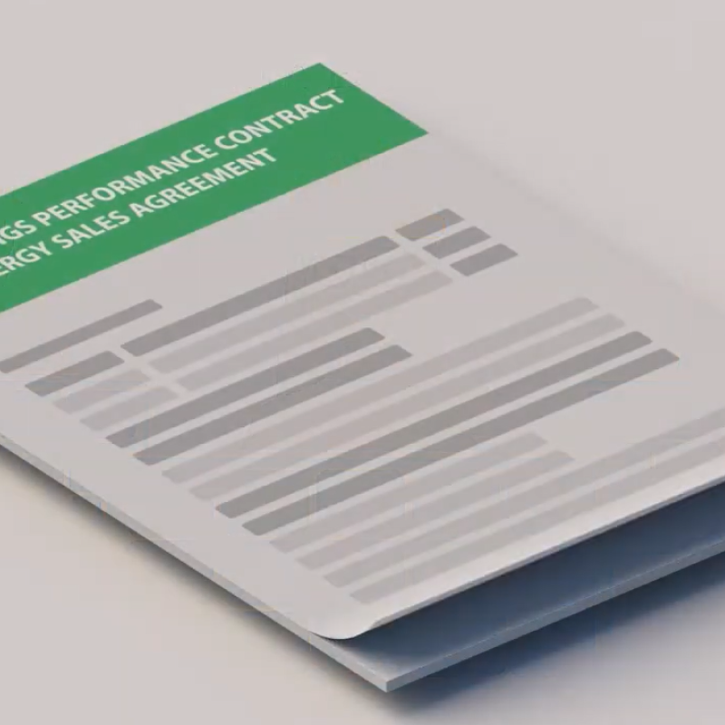 Illustration of a contract with the words "energy savings performance contract energy sales agreeement" written on it.