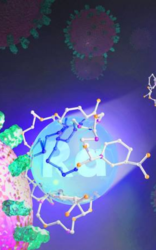 This image depicts a binding molecule delivering radium-223 to a cancer cell.