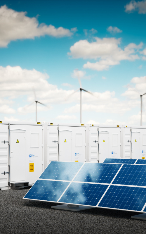 a future grid with solar panels, wind turbines and battery storage. 