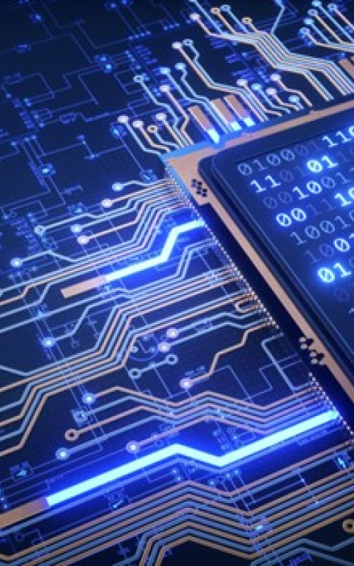 Blue background with futuristic lines overlaid with a tablet in the right corner.. 