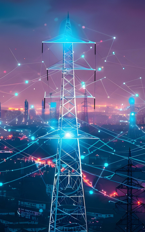 Pinkish sky at night with transmission towers with blue lights around the towers. 