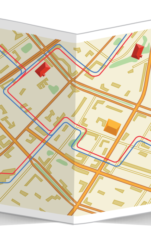 Geothermal Heating & Cooling with a city map and hot and cool piping overlaid on it