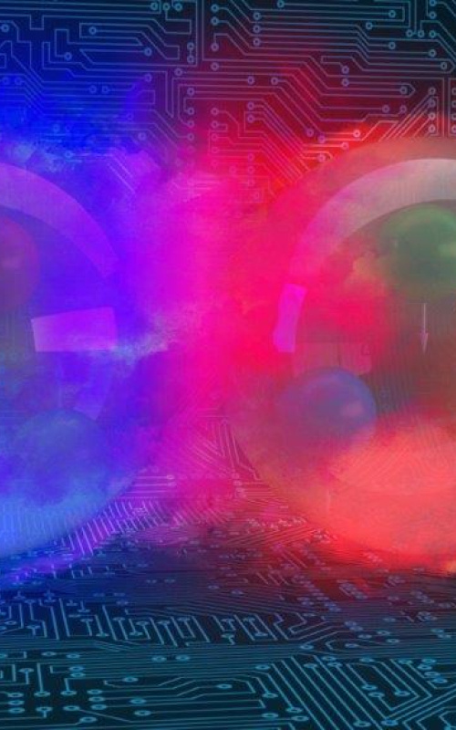 Artist’s depiction of the deuteron, the nuclear bound state of a proton and a neutron, on a backdrop of a computer circuit.