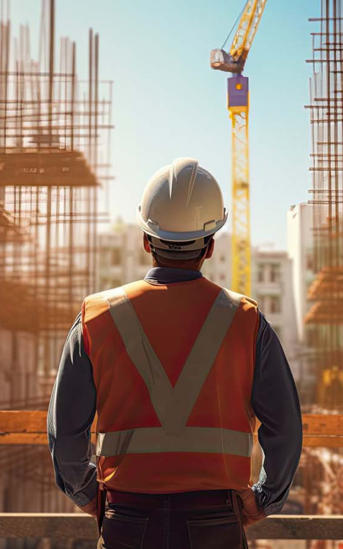 A civil engineer stands looking at the construction site