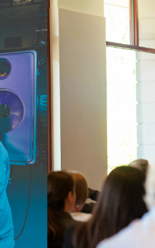Woman in lab coat looking into large machinery (left); Man in orange shirt presenting to an audience. The banner behind him says "Innovation Showcase"