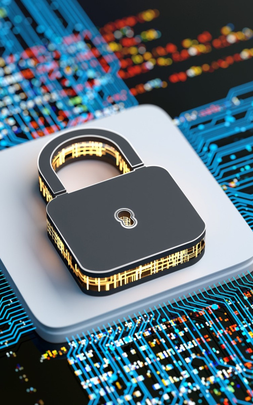 a lock sits on top of a white square with four blue lines of computer network lines radiating out from each side of the square.