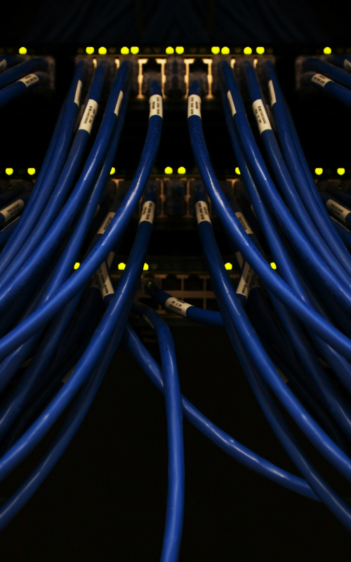 Photo of blue cords plugged into a lit up power board
