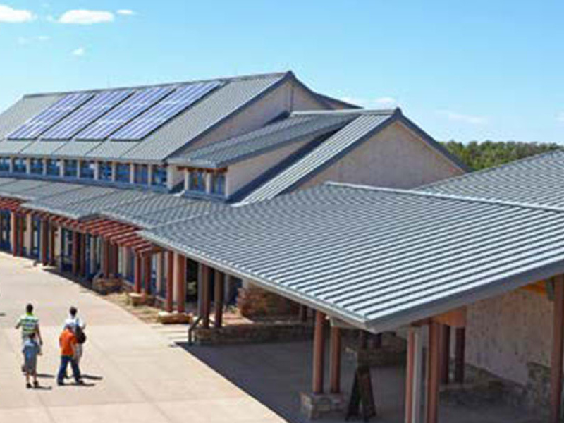Aerial view of PV panels on the roof of the Grand Canyon Visitor Center.
