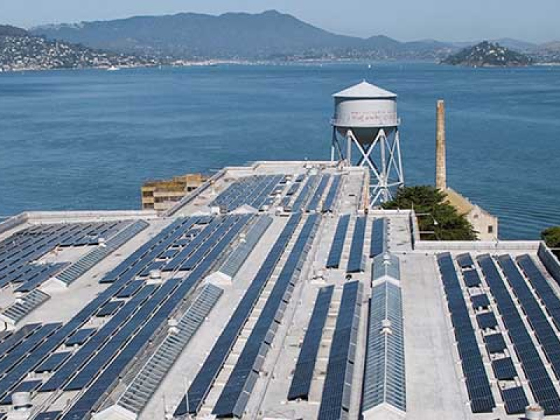 PV panels on the roof of buildings of Alcatraz Island.