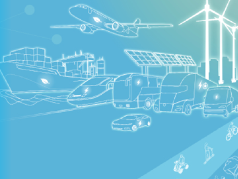 Line drawings of transportation and renewable energy technologies.