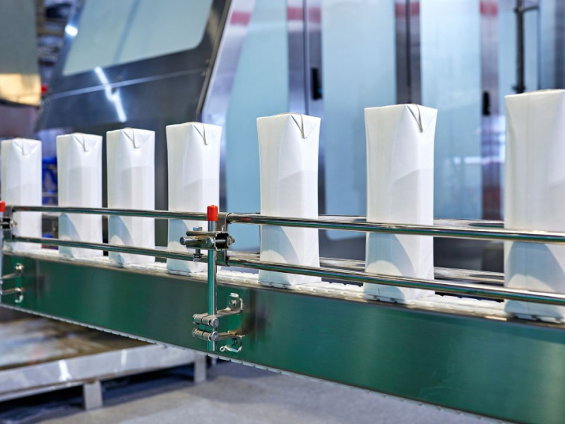 A conveyer belt carrying food packaging