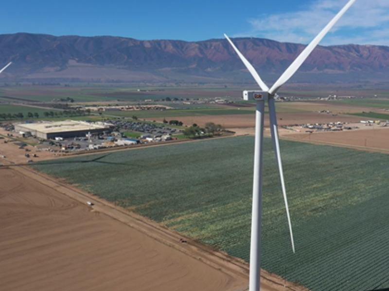Two wind turbines in a large, open field.
