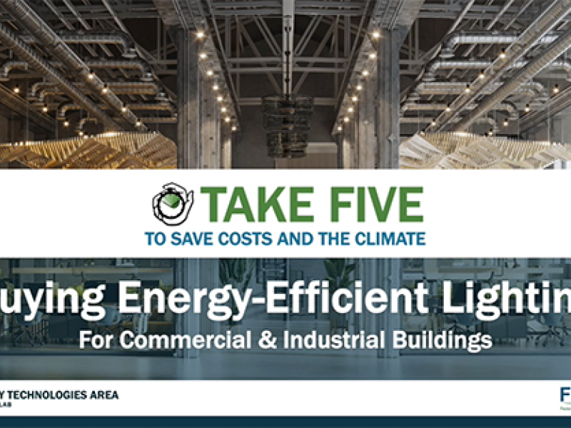 Screenshot from the video with text, "Take Five to Save Costs and the Climate. Buying Energy-Efficient Lighting for Commercial and Industrial Buildings." At the bottom are logos for the Lawrence Berkeley National Laboratories' Energy Technologies Area and the National Renewable Energy Laboratory.