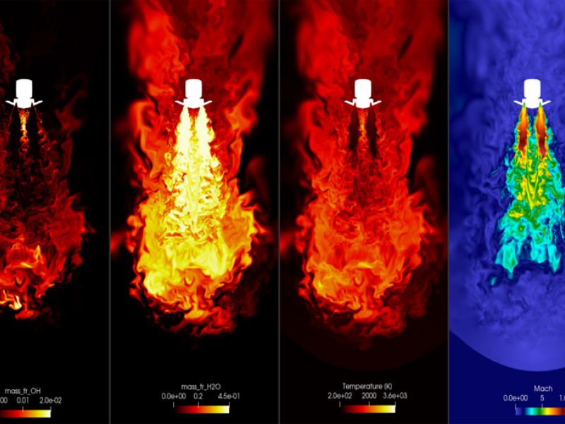 Four different images from the same instant in the computer simulation that illustrate different aspects of what is being measured. Three of them look like fiery gases in red and orange. The last one looks as if the planet is in blue and the gases are in light blue, green, and yellow.