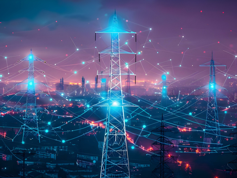 Pinkish sky at night with transmission towers with blue lights around the towers. 
