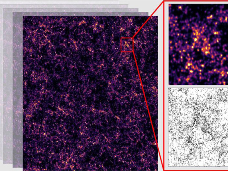 Three screenshots appear in this image: on the left is the largest, with a dark background and small clumps of purple and yellow spots. A red highlight box shows two zoomed in shots on the right. The top zoomed in image is of the purple and yellow spots but is slightly blurry, whereas the bottom image has black and white clumped spots and is more sharply in focus. 