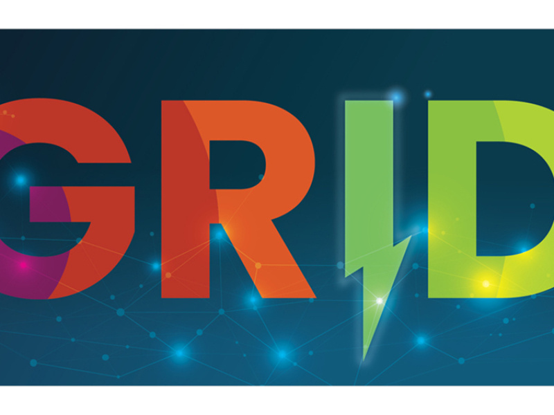 GRID in large very large letters shows the progression of subsurface layers, from the hot purple to the cool green. The I in GRID has a zig zag flourish indicating electricity. In the background is a depiction of an electric grid.