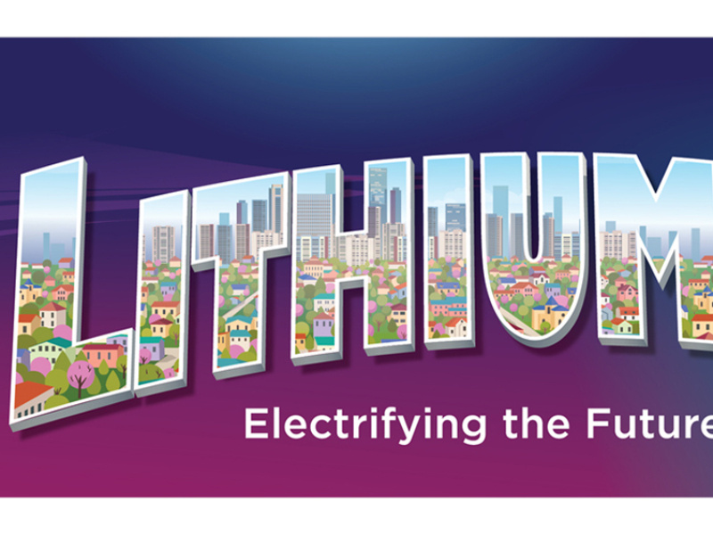 Lithium, Electrifying the Future. The letters of the word Lithium reveal a view of a cityscape.