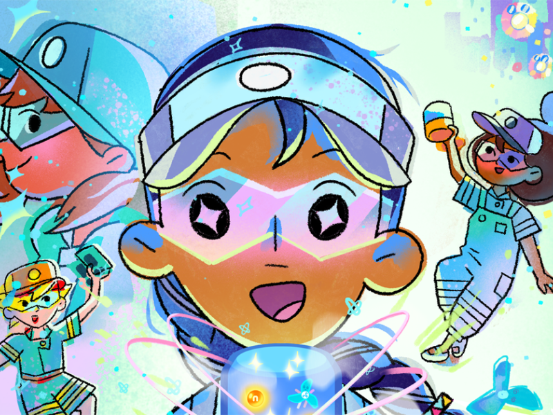 Collage of Spark Squad comic book characters with Dakota at the center looking at a glowing cylinder 