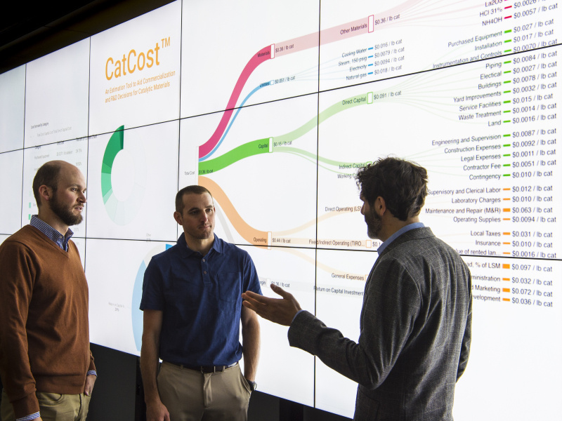 Three men infront of backlight screen of statistics