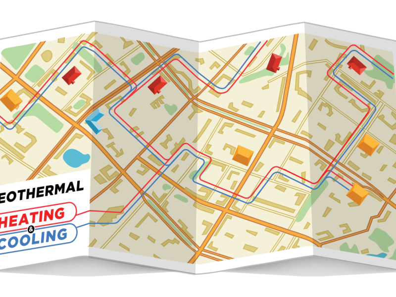 Geothermal Heating & Cooling with a city map and hot and cool piping overlaid on it