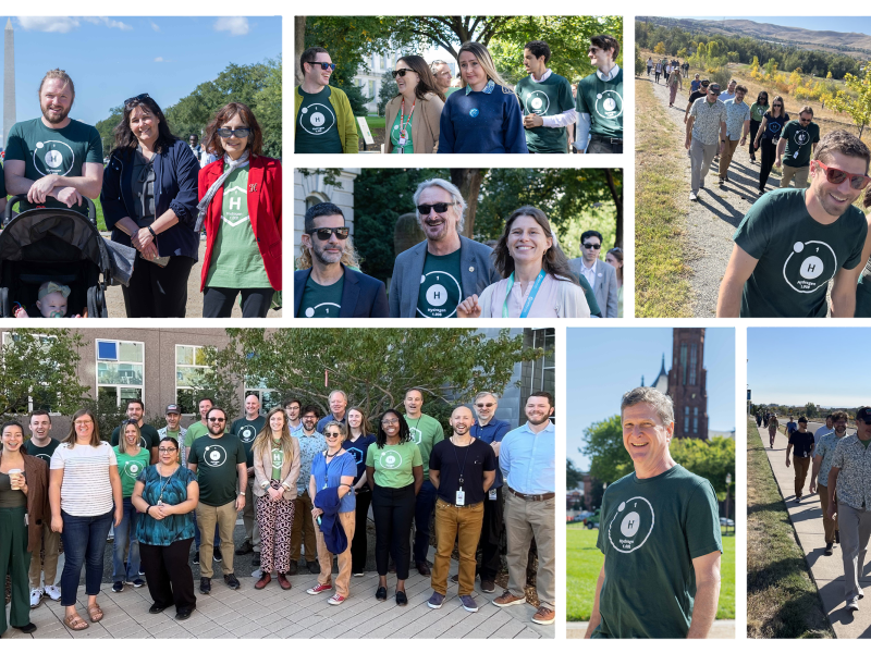Collage of photos of different groups of people, many of whom are wearing hydrogen-themed t-shirts, walking together outdoors on a sunny day.