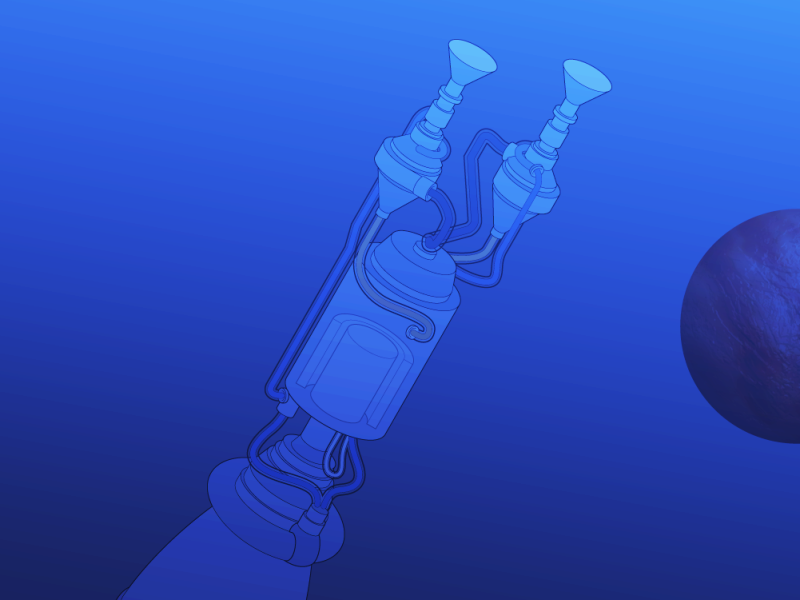 Stylized illustration of a nuclear thermal propulsion rocket against a blue background