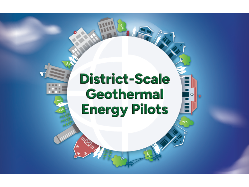 White circle with the words District-Scale Geothermal Energy Pilots on a blue background. Around the edge of the circle are illustrations of normal structures found in communities: homes, farms, trees, apartment buildings, municipal buildings, schools.