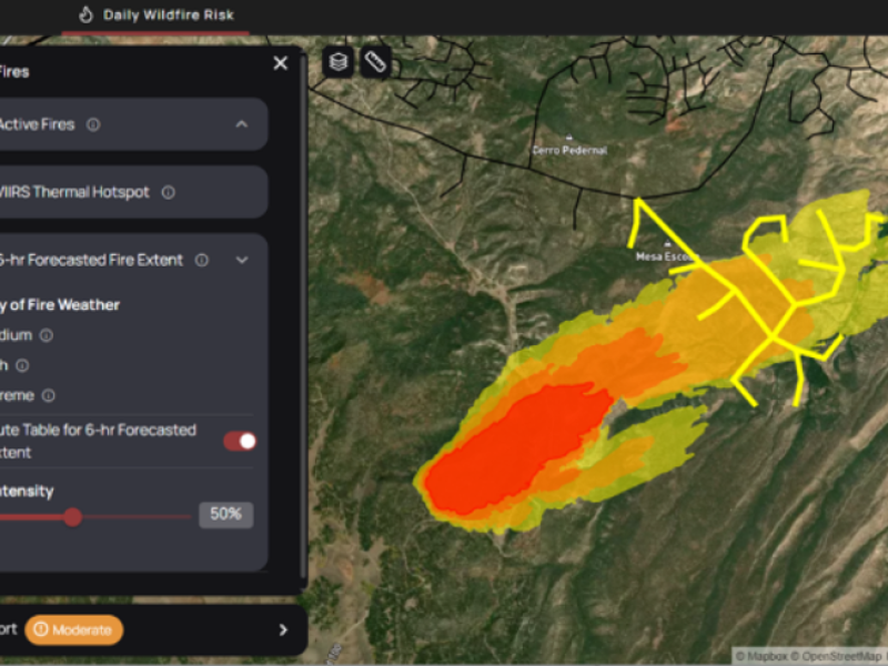 Topography of a mountainous region with red, orange, and yellow shading and a data filter to identify severity of wildfire risk