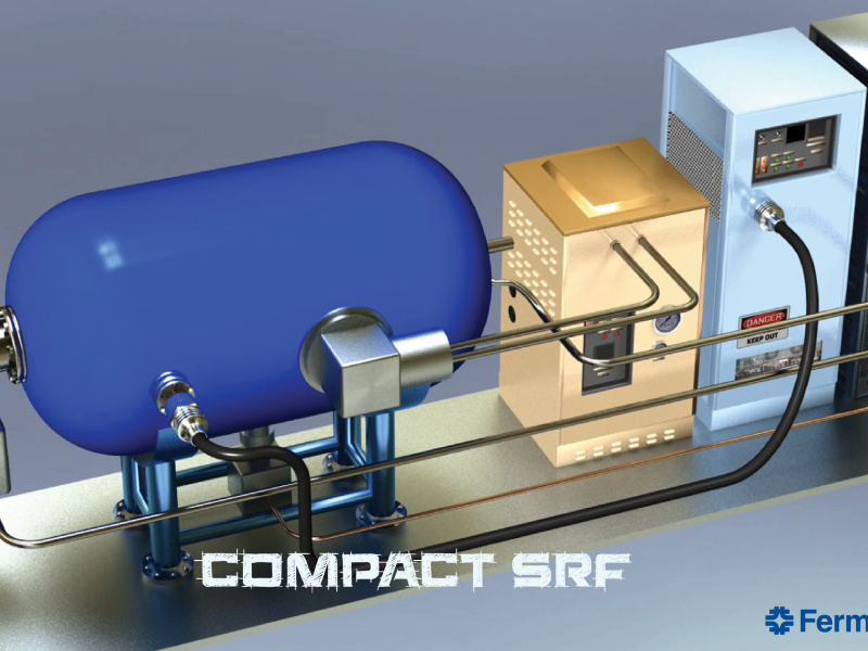 A blue cylinder connected by tubes to three rectangular components, one gold, one light blue, and one black. The cylinder and rectangles sit on a shiny flat rectangle.