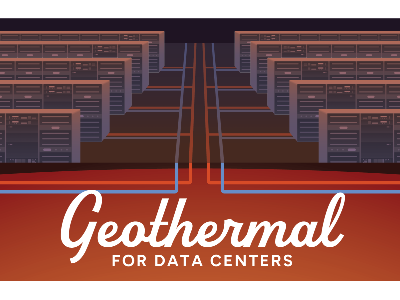 Text: Geothermal for Data Centers. Illustration: Data centers connected by red and blue piping.