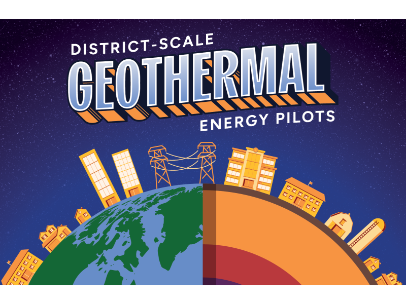 Text: District-Scale Geothermal Energy Pilots. Illustration: A globe showing the surface - continents and ocean - on the left half and a cutaway to the layers of the subsurface on the right half. Bordering the edge of the globe are depictions of houses, office buildings, municipal buildings, farms, and transmission towers.