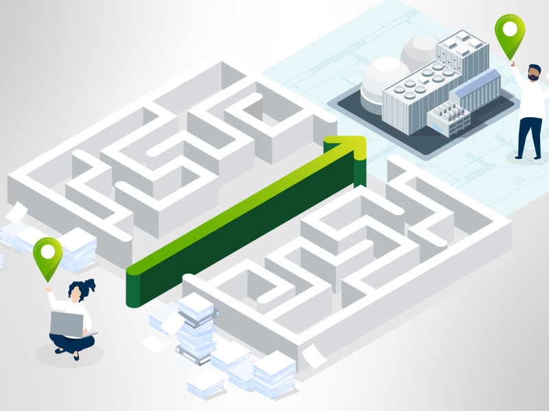 An illustration shows a maze with a green arrow cutting through it; at the start is a person surrounded by stacks of papers, and at the other end a person next to an advanced reactor.