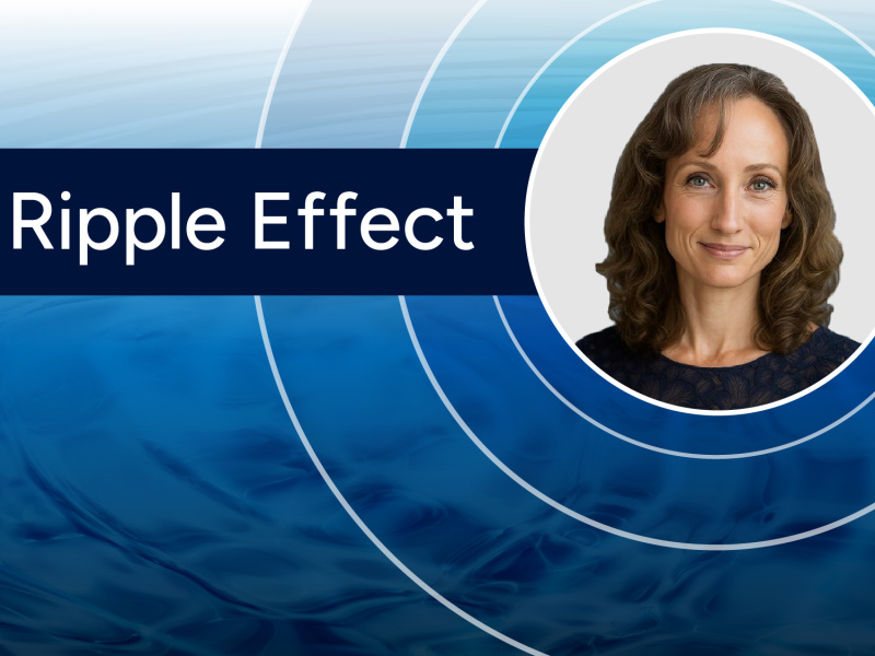Headshot of H2O Director Nichole Fitzgerald surrounded by three rippling rings on a blue background