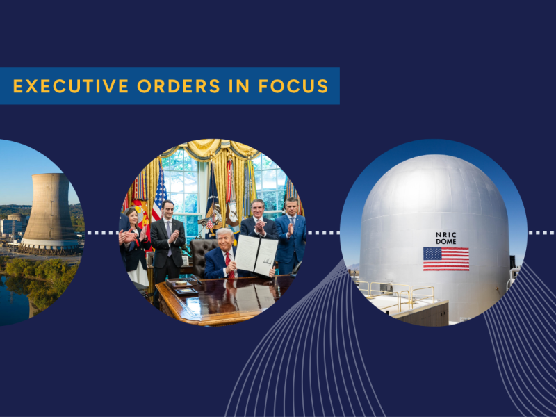 Pictures of President Trump, DOME microreactor test bed, Crane nuclear power plant, and uranium yellowcake against a blue background