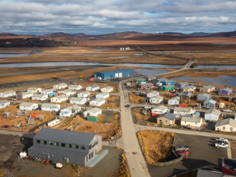 An aerial view of Unalakleet, Alaska, a remote village on the coast of the Bering Sea, about 400 miles northwest of Anchorage