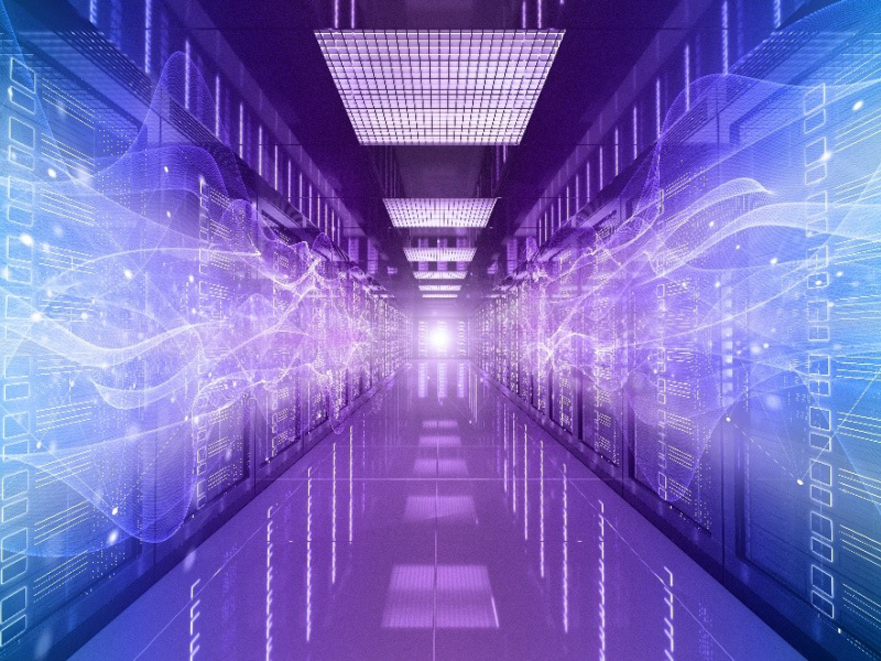blue and purple hallway of an AI data center