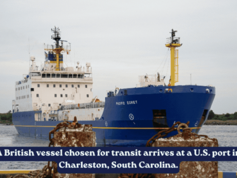 Rotating set of images of a large ship arriving at a port to deliver fuel