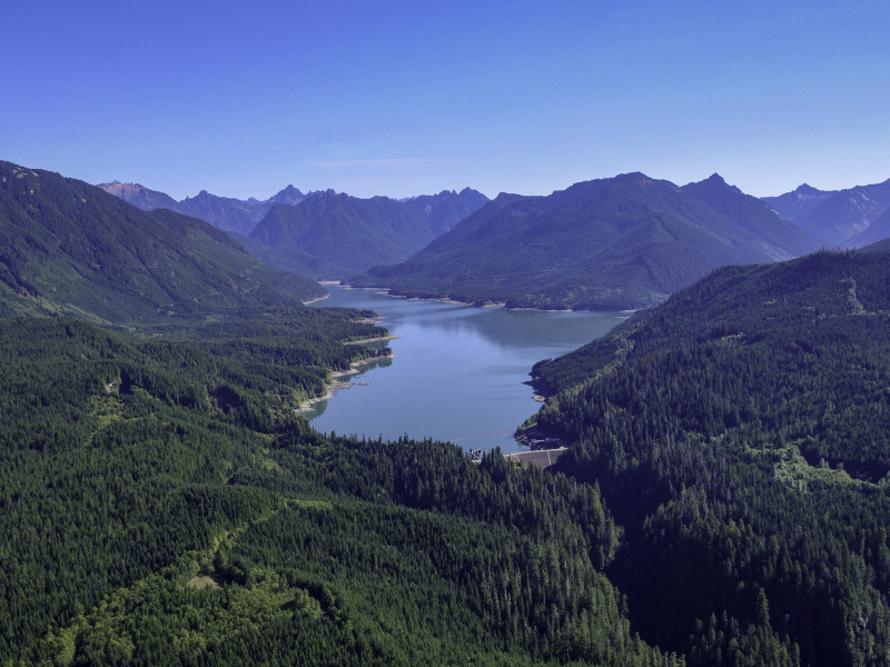 Spada Lake and Culmback Dam from above. Snohomish County, Washington.