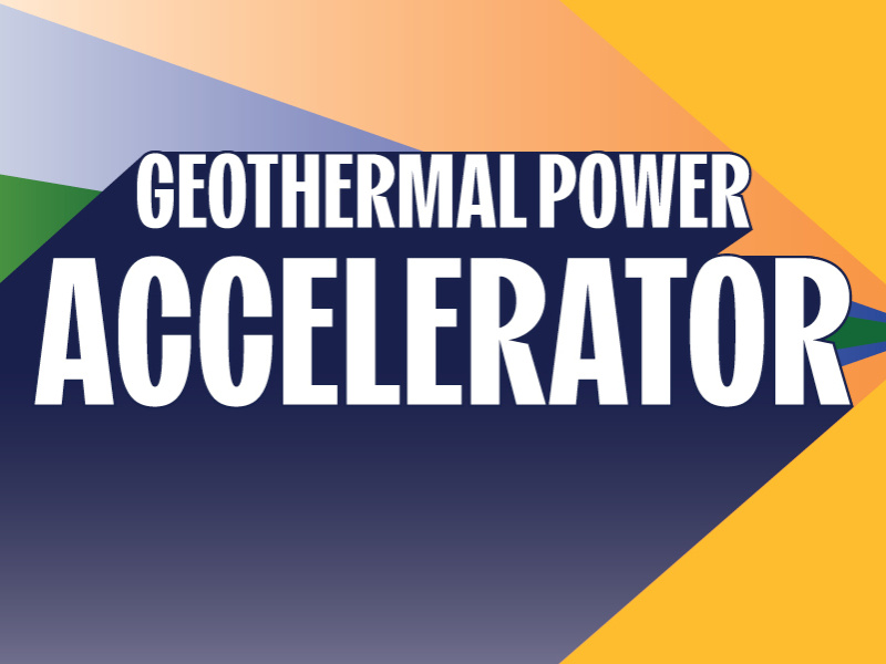 Geothermal Power Accelerator text against a multicolored colorblock background