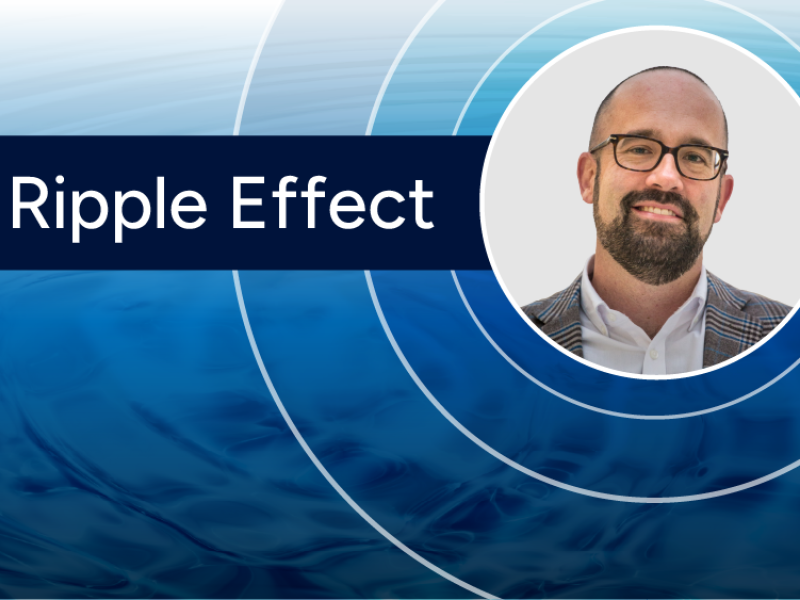 Headshot of Curt Jawdy with the words 'ripple effect' next to him