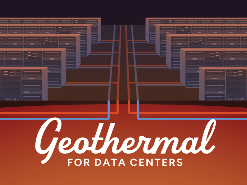 Text: Geothermal for Data Centers. Illustration: Data centers connected by red and blue piping.