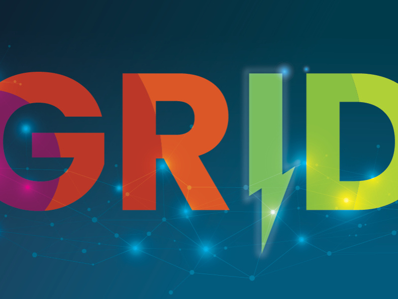 GRID in large very large letters shows the progression of subsurface layers, from the hot purple to the cool green. The I in GRID has a zig zag flourish indicating electricity. In the background is a depiction of an electric grid.
