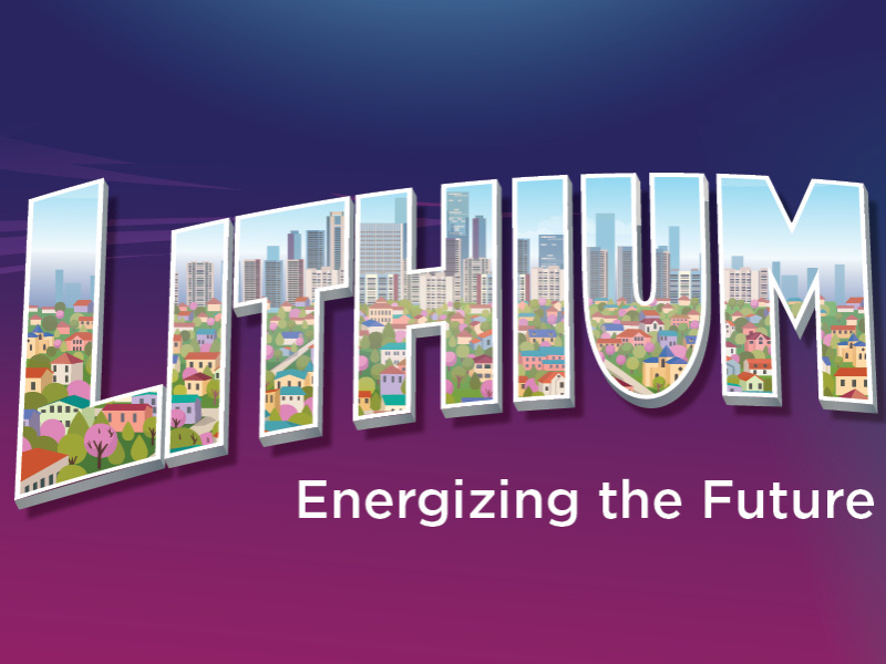 Lithium, Electrifying the Future. The letters of the word Lithium reveal a view of a cityscape.