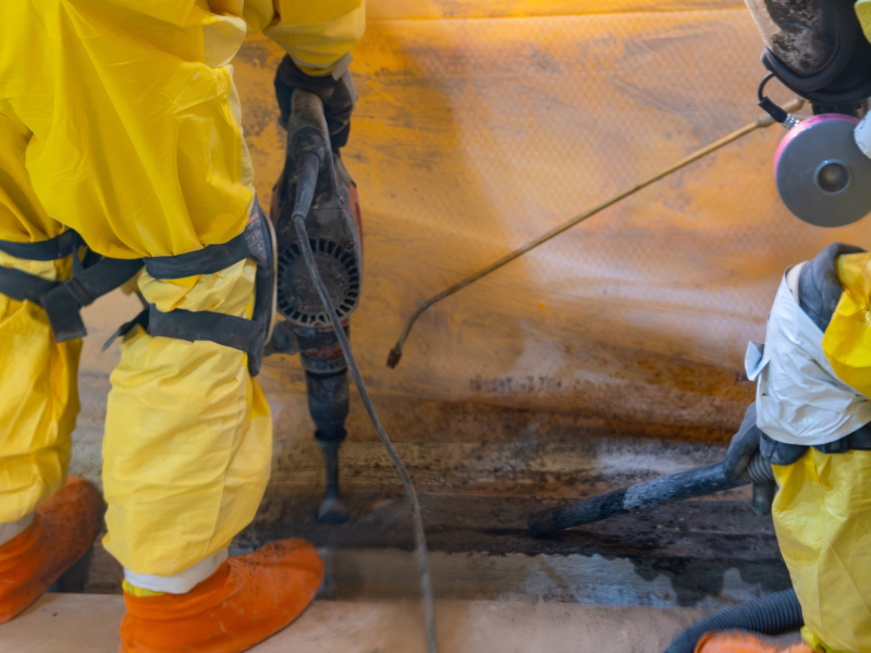 An up close shot of workers in yellow hazmat suits spraying liquid on a wall