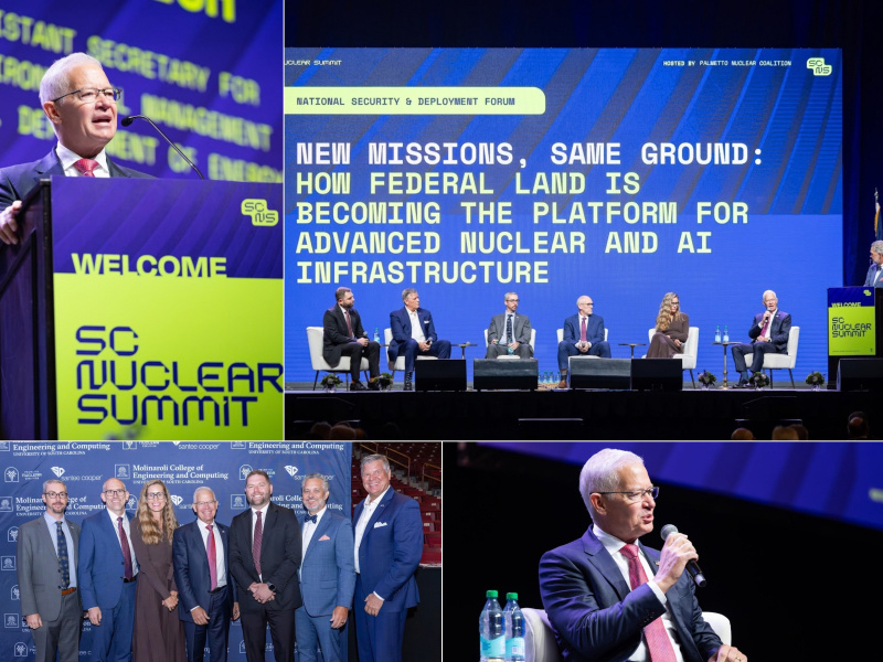 A collage of professionals on stage at a conference participating in a panel and speaking