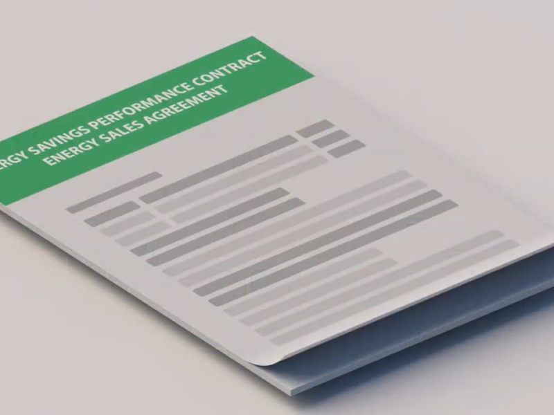 Illustration of a contract with the words "energy savings performance contract energy sales agreeement" written on it.